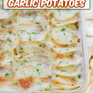 pinterest image for scalloped garlic potatoes