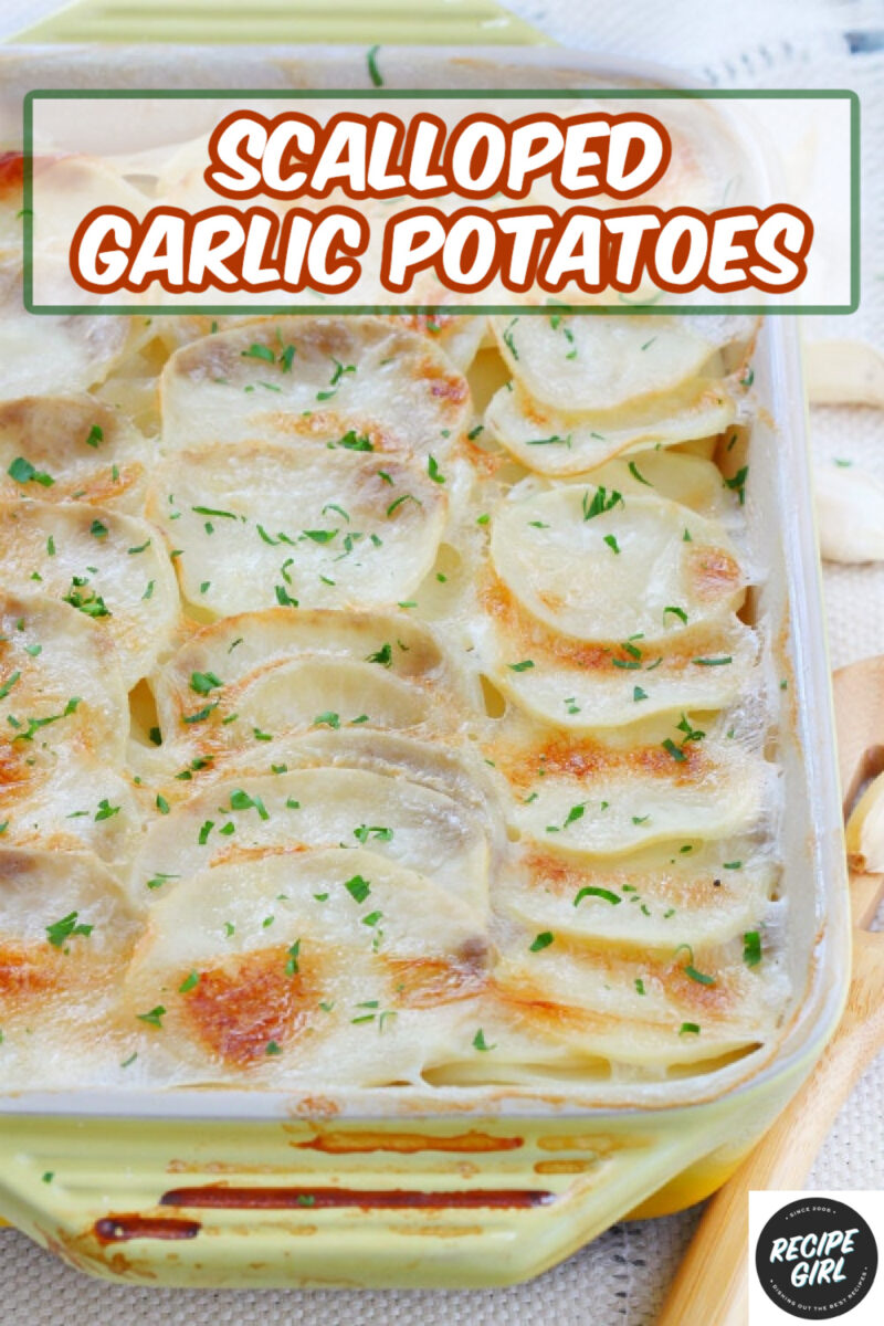 pinterest image for scalloped garlic potatoes