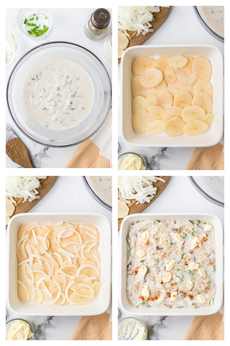 four photos showing how to prepare scalloped potatoes