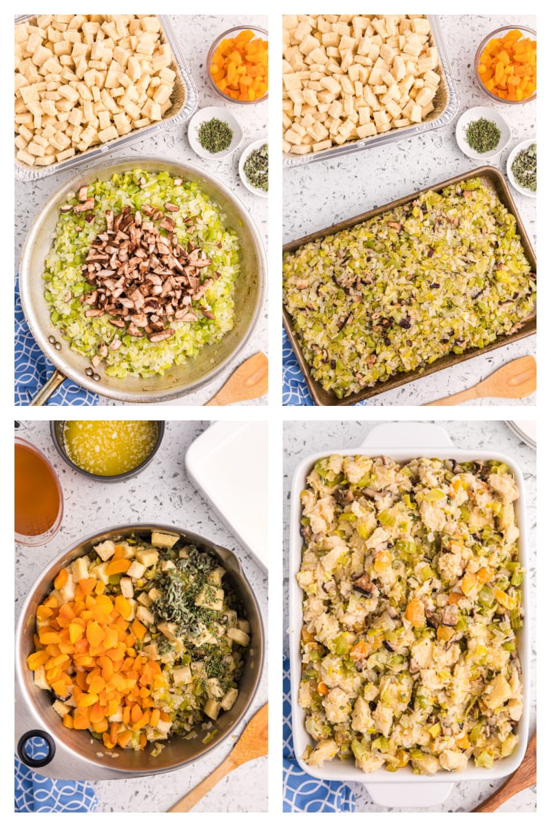 four photos showing how to make shiitake mushroom stuffing