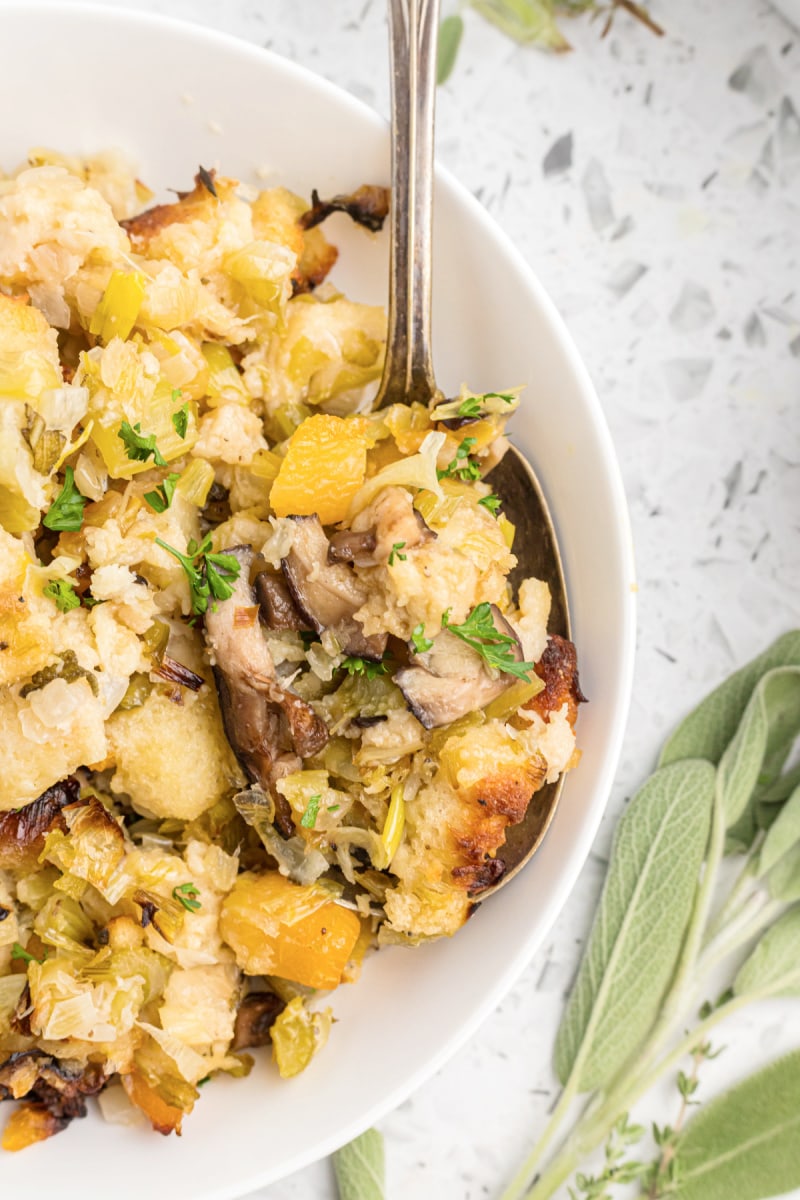 bowl of stuffing with a spoon