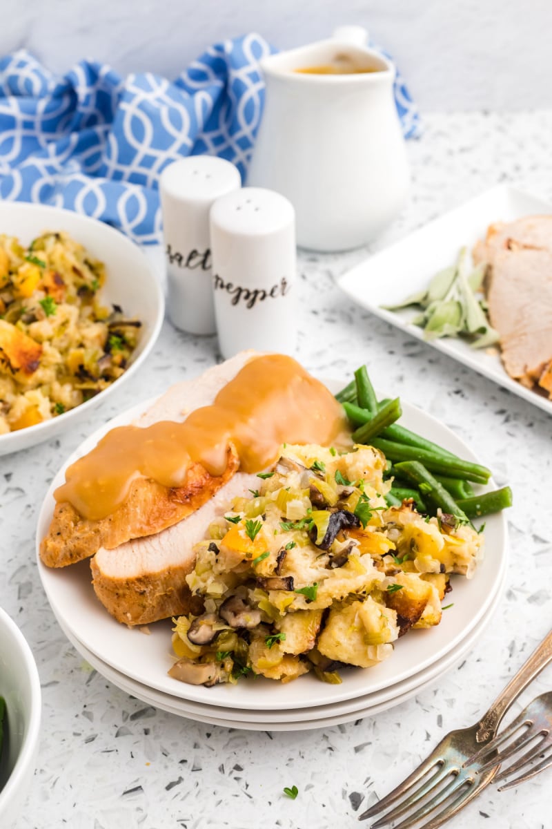 shiitake mushroom stuffing and turkey on a plate