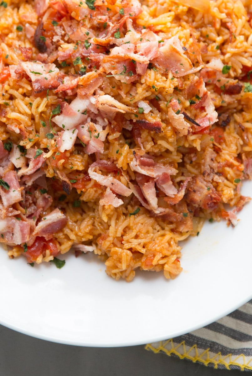 Spanish Rice topped with bacon