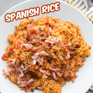 pinterest image for spanish rice with bacon
