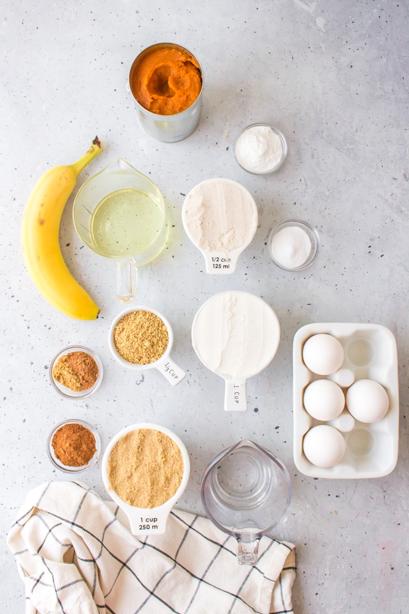 ingredients displayed for making spicy whole wheat pumpkin banana bread