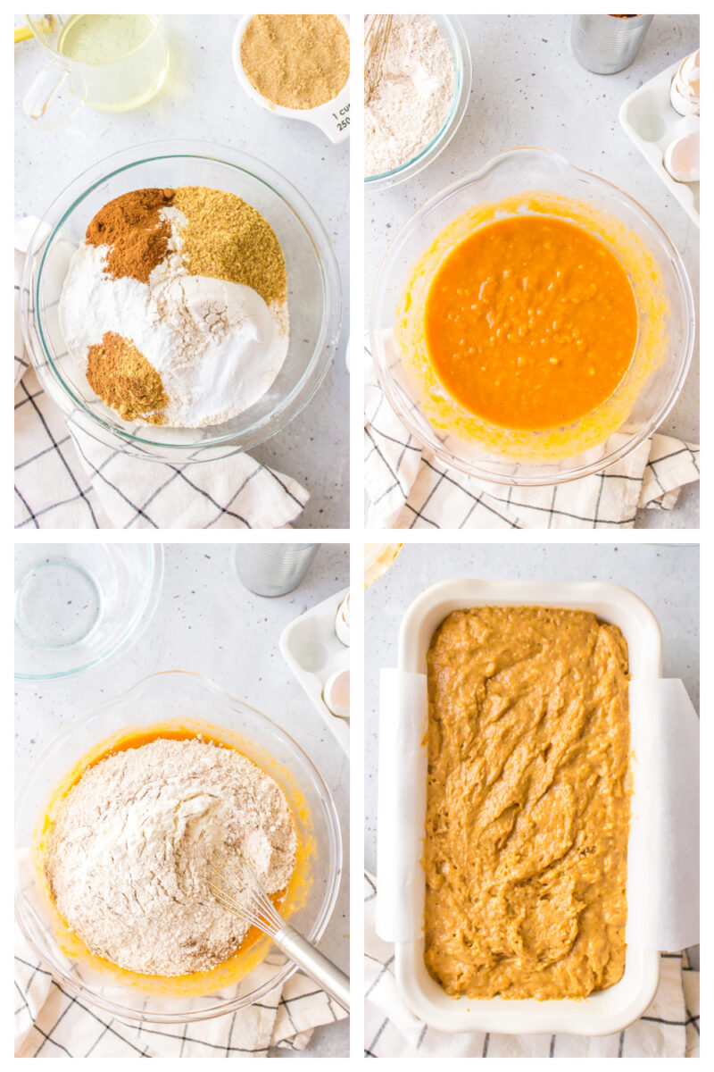 four photos showing how to make batter for pumpkin banana bread