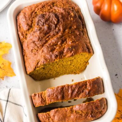 spicy whole wheat pumpkin banana bread in a loaf pan