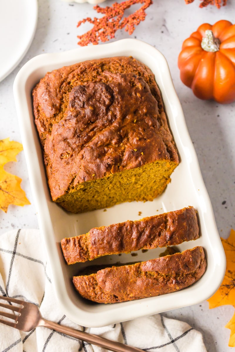 spicy whole wheat pumpkin banana bread in a loaf pan