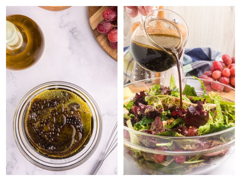 two photos showing salad dressing in bowl and then drizzling over salad