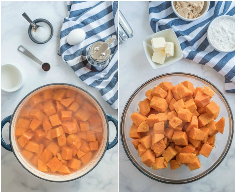 sweet potatoes cooking in pot and cooked sweet potatoes in glass bowl