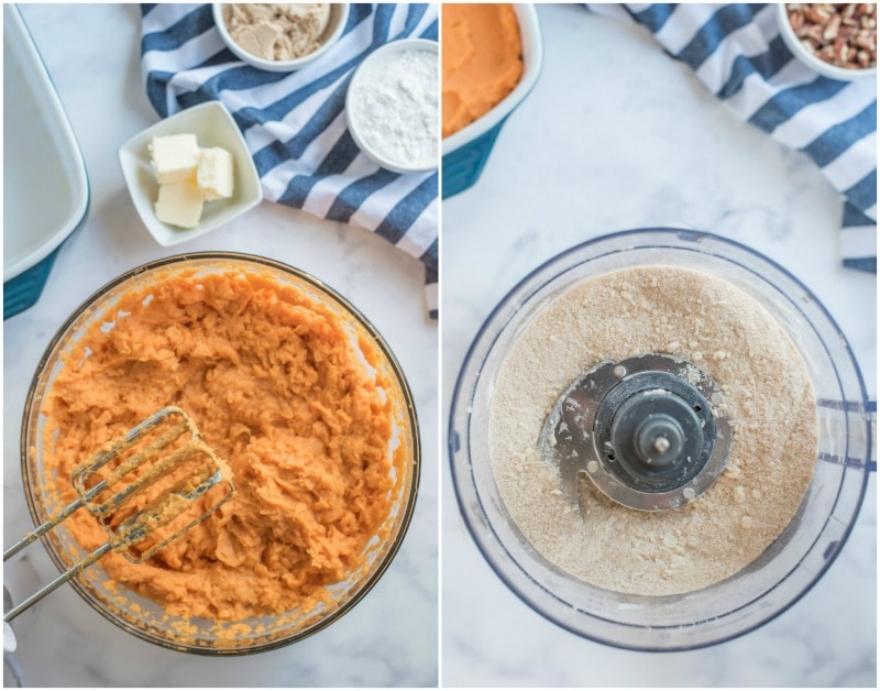 sweet potatoes mashed in bowl and streusel in food processor