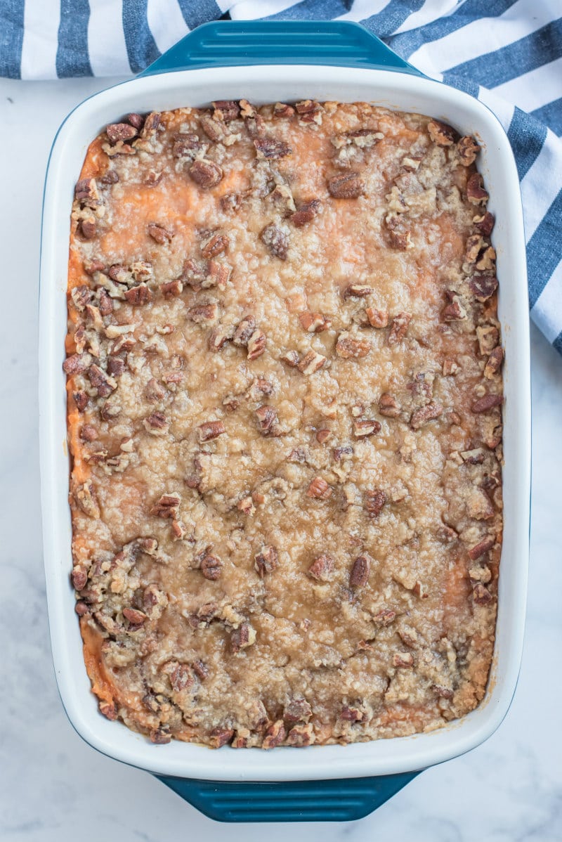 streuseled sweet potato casserole just out of the oven in white dish