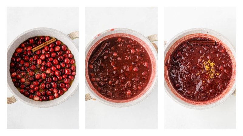 three photos showing how to make cranberry sauce