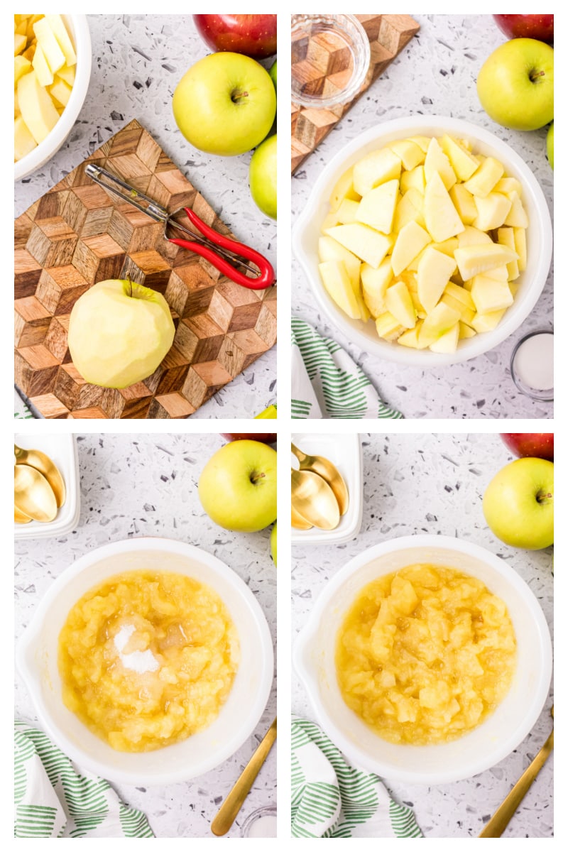 four photos showing how to make three apple applesauce