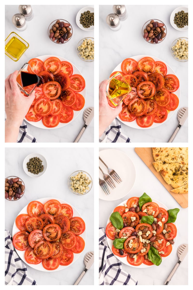 four photos showing how to assemble tomato caper and blue cheese salad