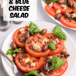 pinterest image for tomato caper and blue cheese salad