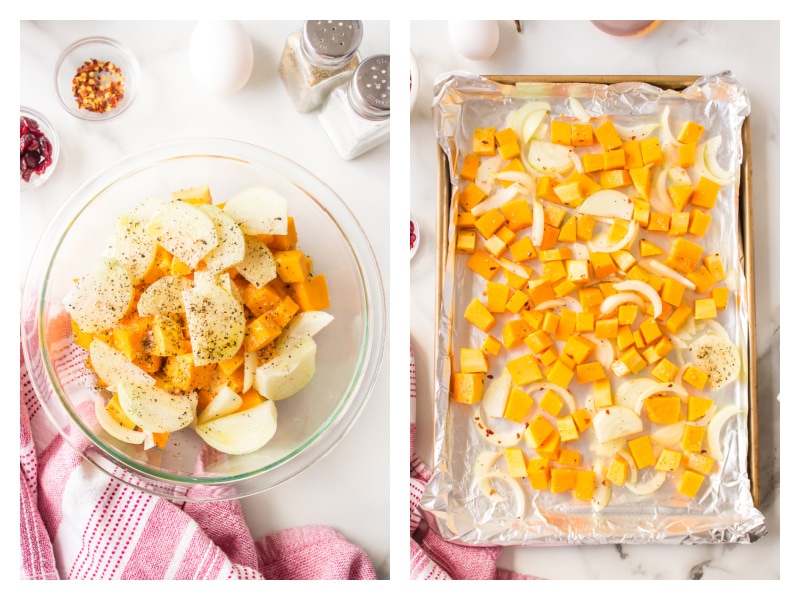 two photos showing butternut squash and onions in bowl and then roasted on baking sheet