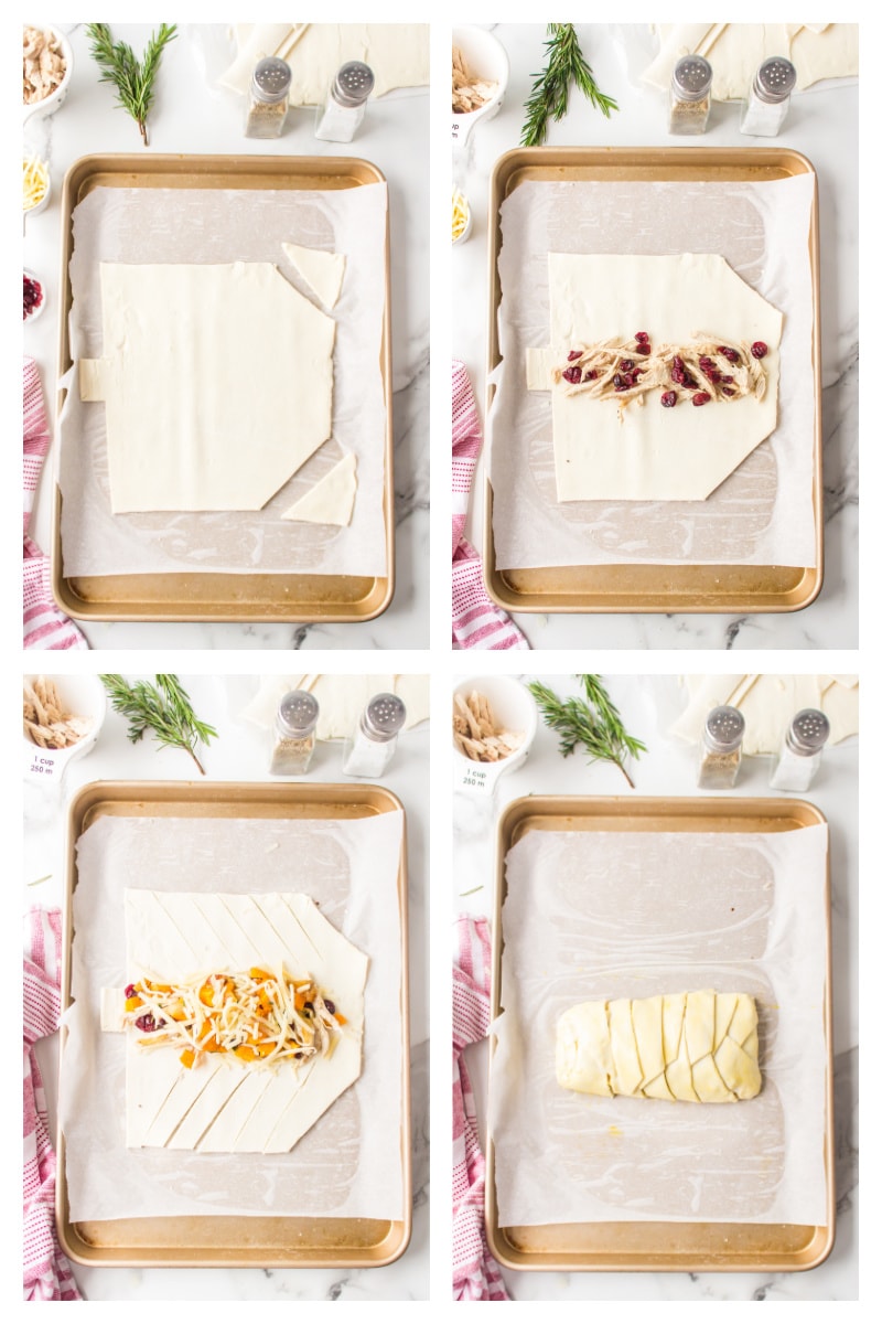 four photos showing how to assemble turkey cranberry strudel