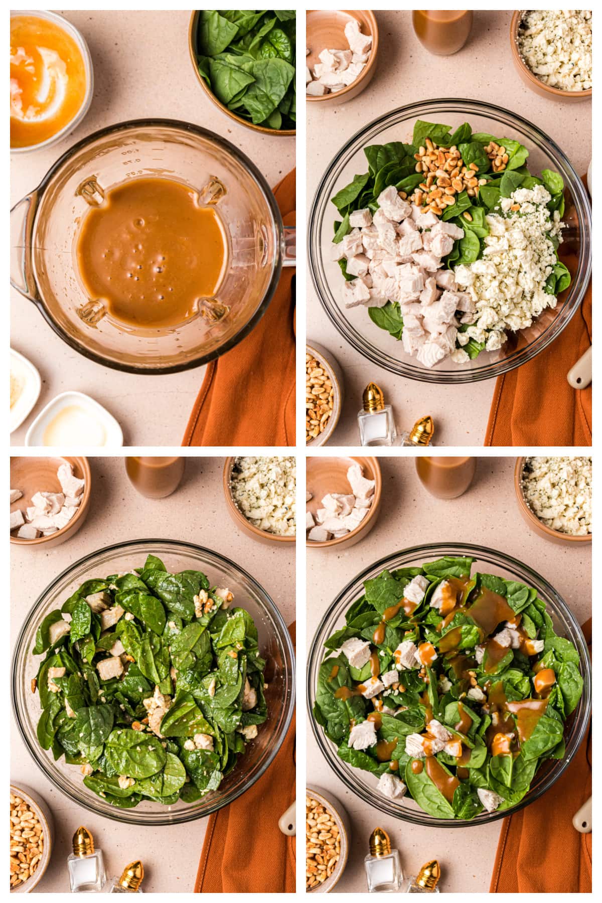 four photos showing how to make turkey spinach salad