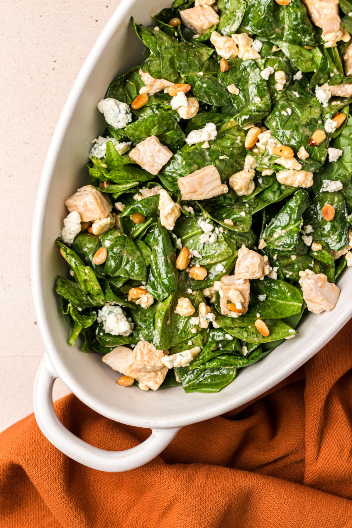 half bowl shot of turkey spinach salad