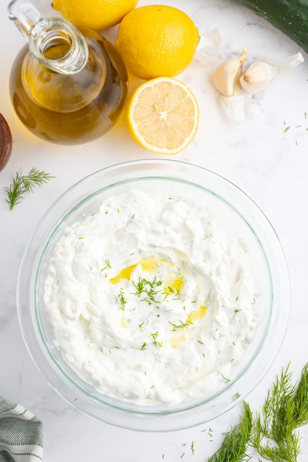 overhead shot of bowl of tzatziki sauce