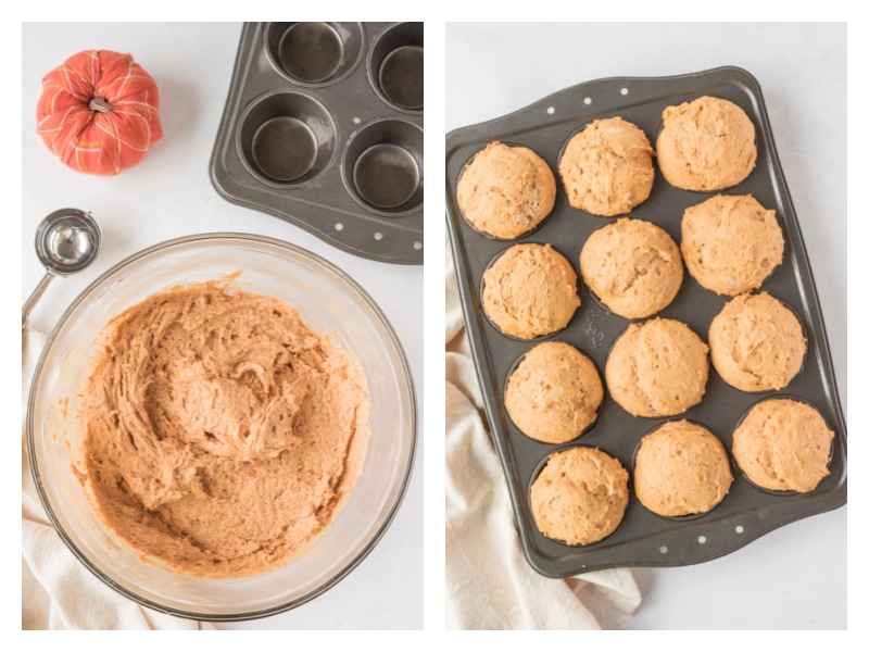 pumpkin batter in a bowl and then baked muffins in a pan