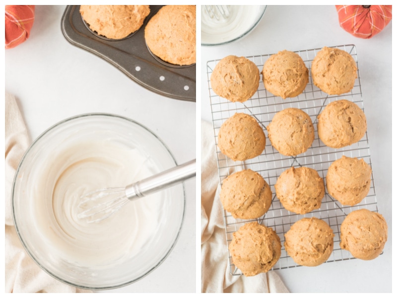 icing in a bowl and muffins on a rack