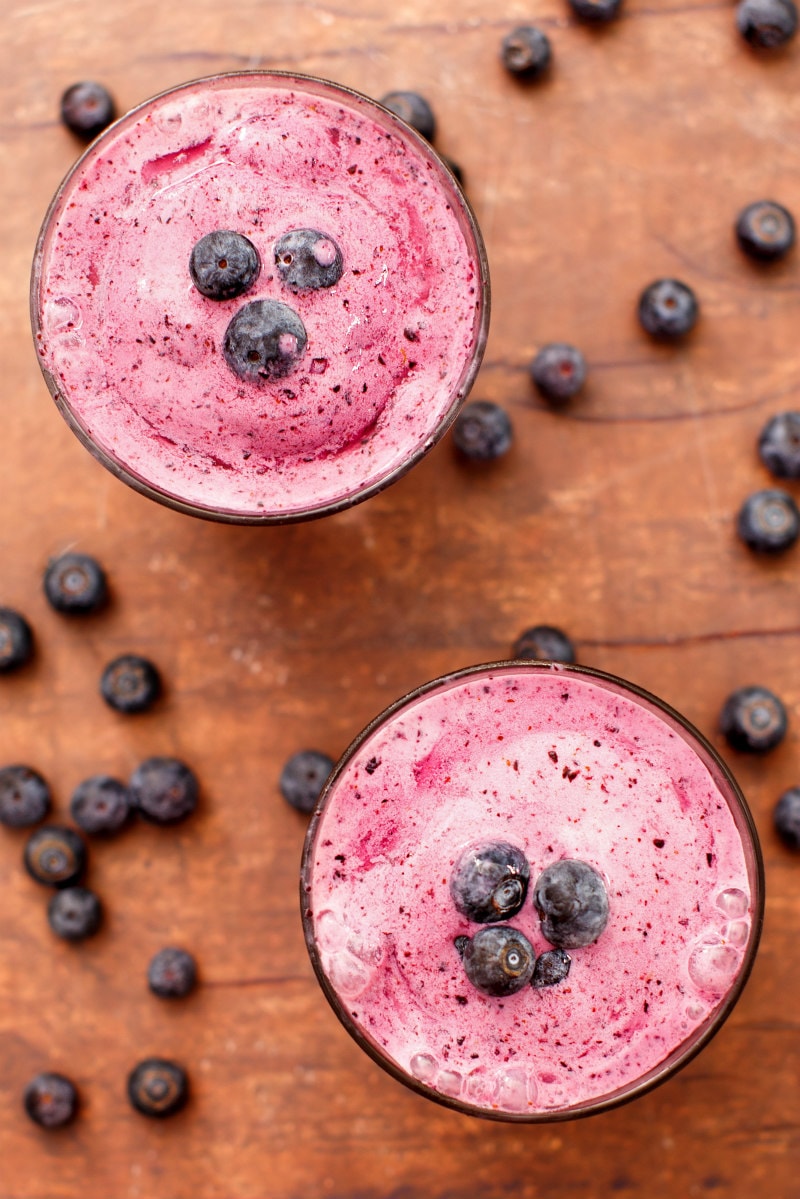 Overhead shot of two blueberry lemon smoothies