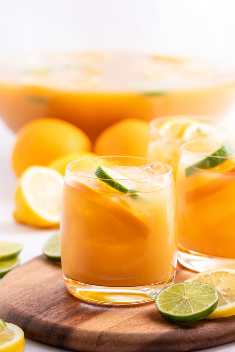 brunch punch in a glass garnished with citrus slices