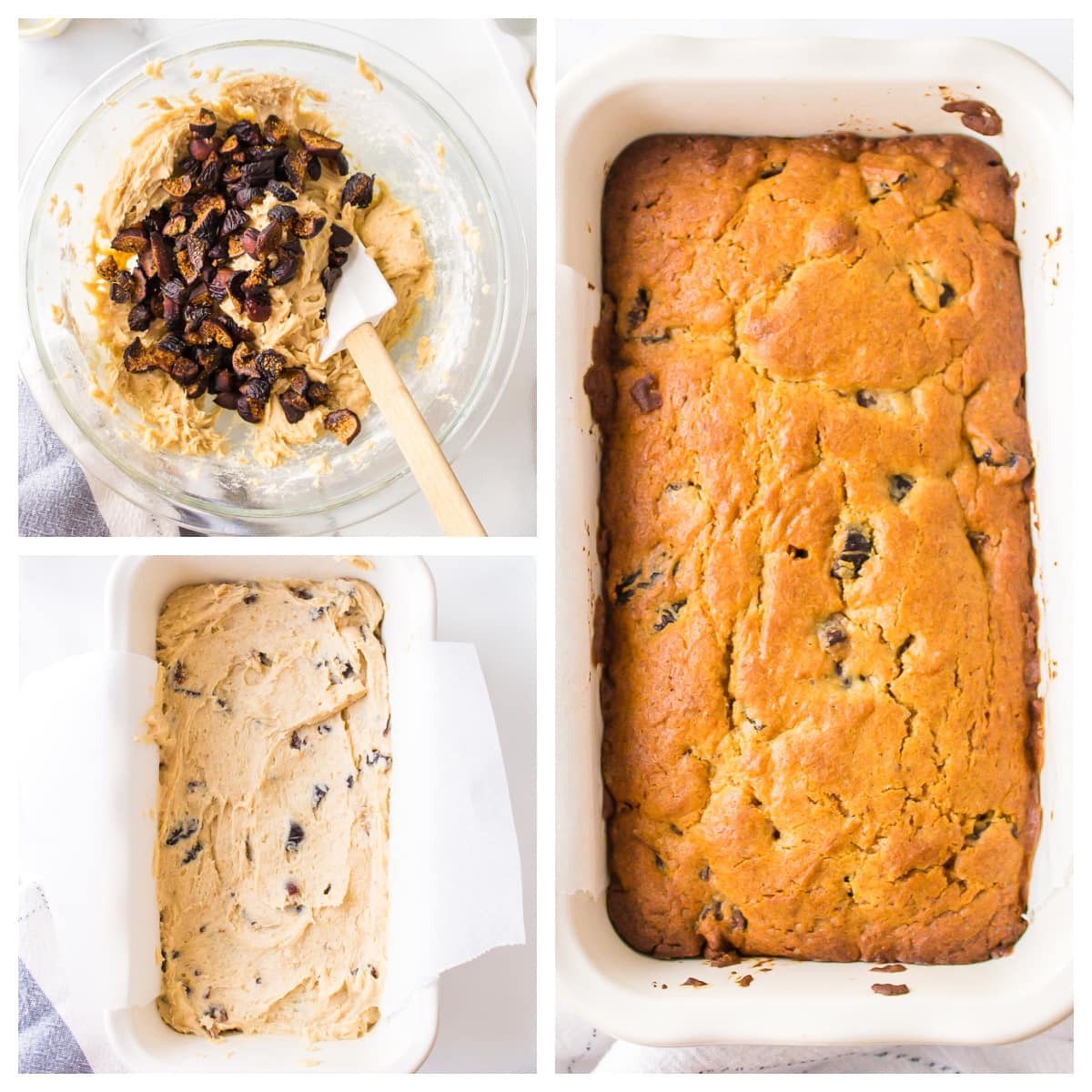 three photos showing how to make caramel fig bread