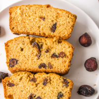 three slices of caramel fig bread on a plate