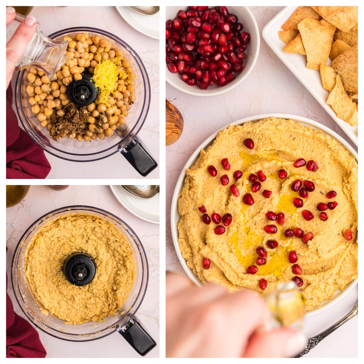 three photos showing how to make chickpea dip