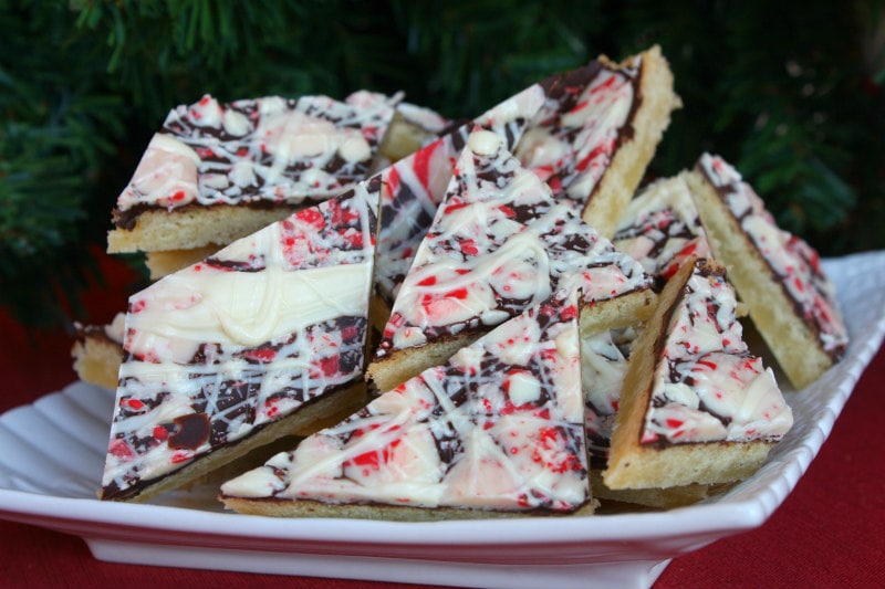 chocolate peppermint bark cookies on a white platter