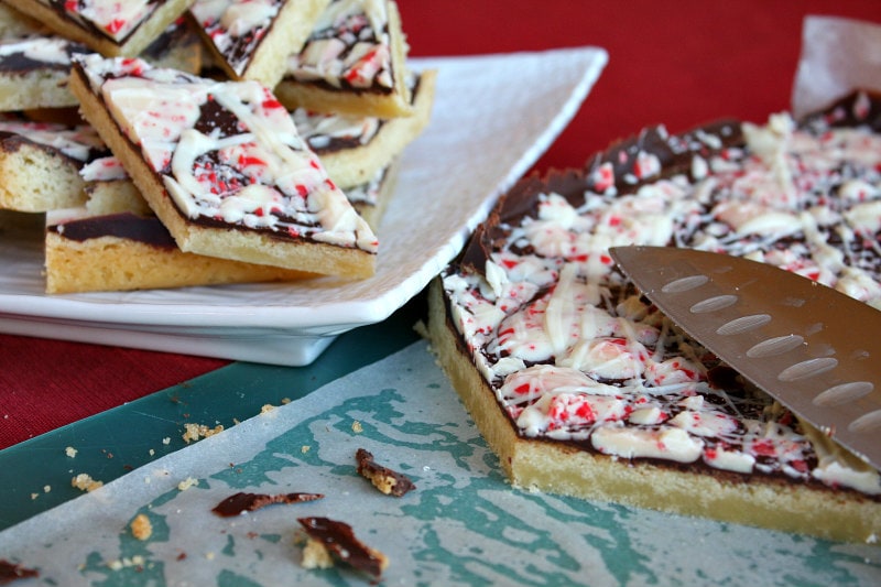 cutting chocolate peppermint bark cookies