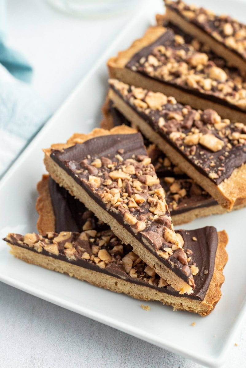 chocolate toffee wedges on a white platter