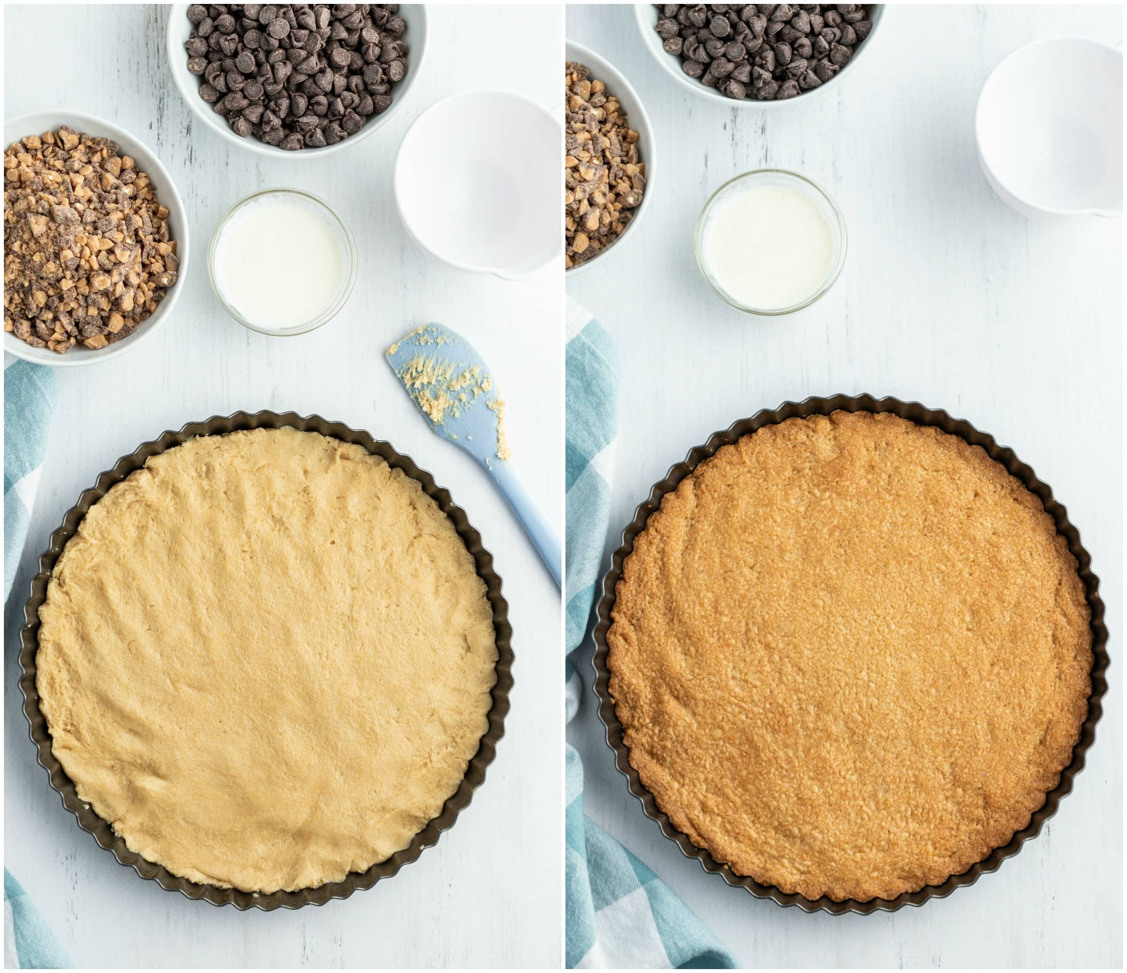 toffee shortbread shown before and then baked (in a round)