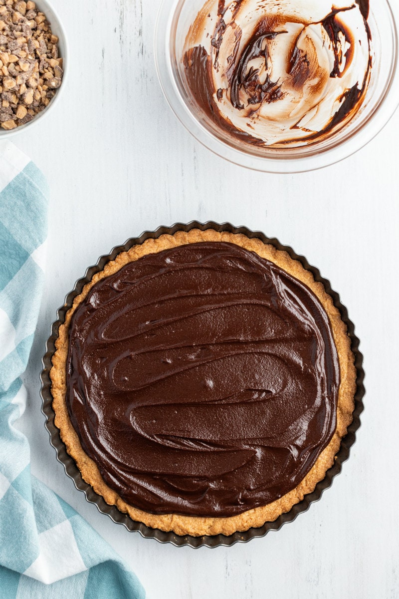 toffee shortbread baked in a round with chocolate spread on top