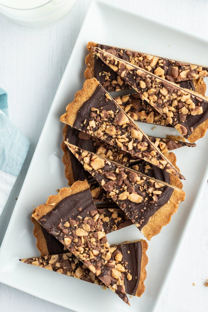chocolate toffee wedges on a white platter