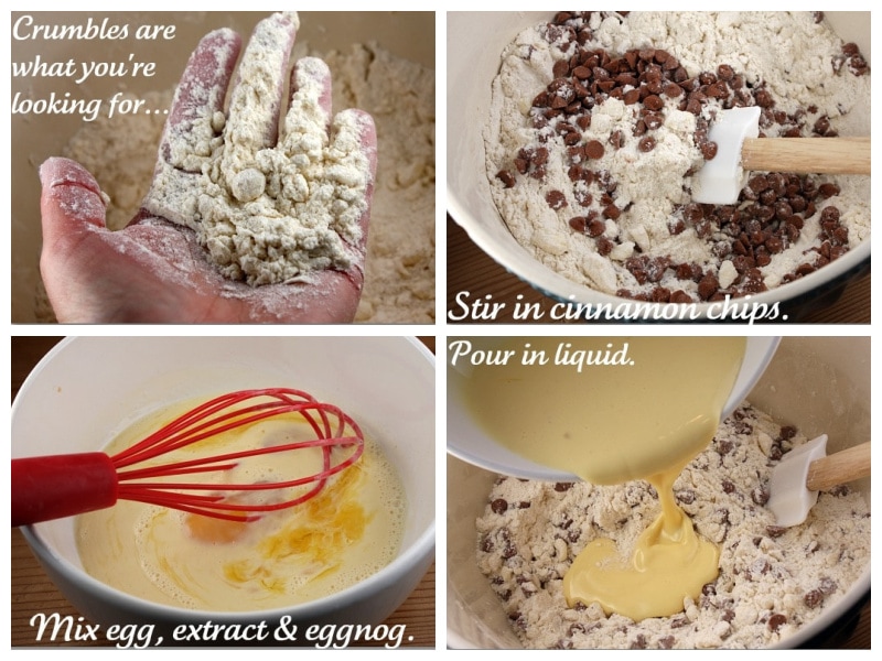 four photos showing how to make dough for eggnog scones