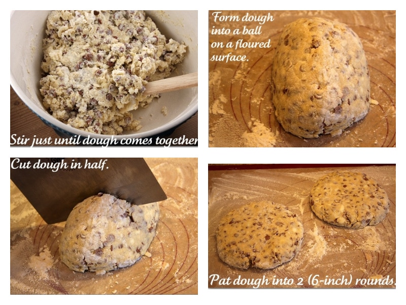 four photos showing how to shape scones dough