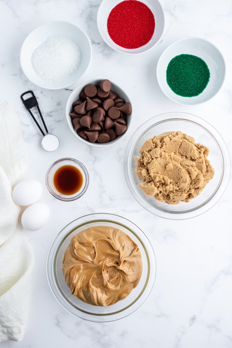 ingredients displayed for making flourless peanut butter kiss cookies
