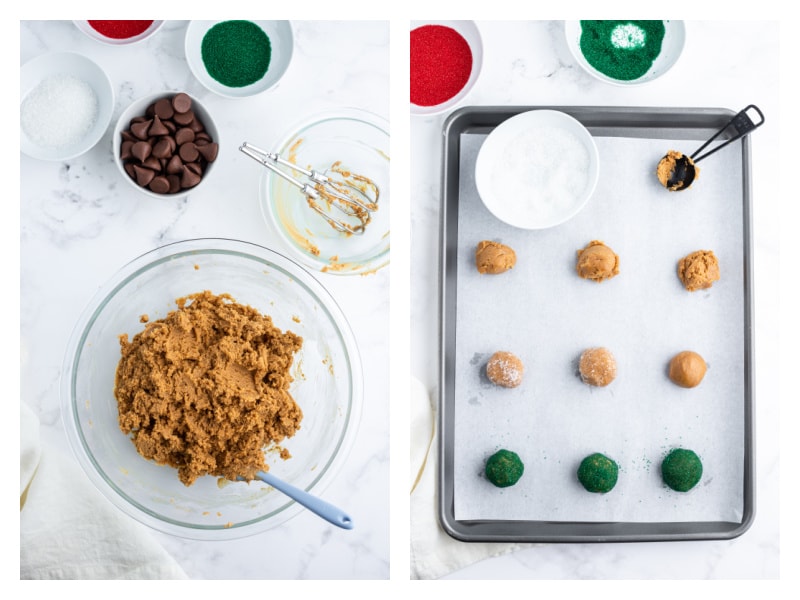 two photos showing bowl of cookie dough and then rolled cookies on baking sheet