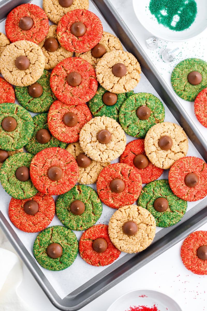 red and green flourless peanut butter kiss cookies