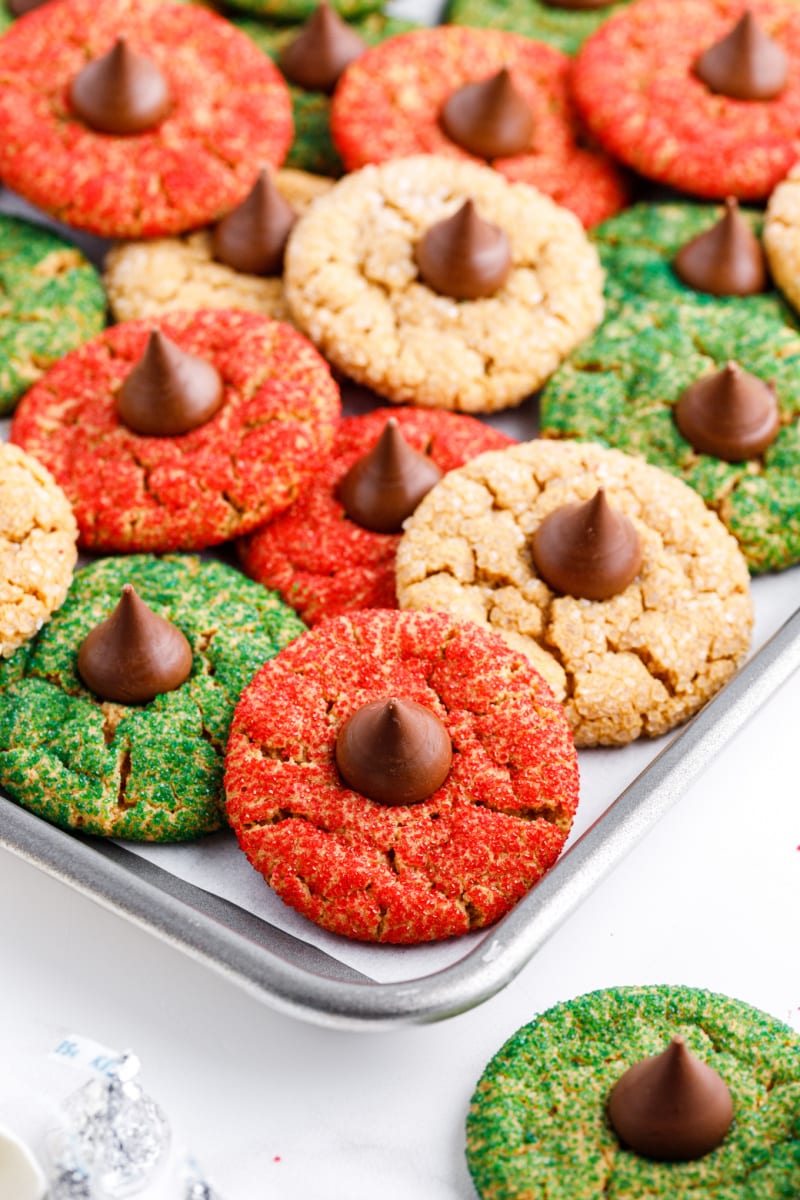 peanut butter kiss cookies on a baking sheet