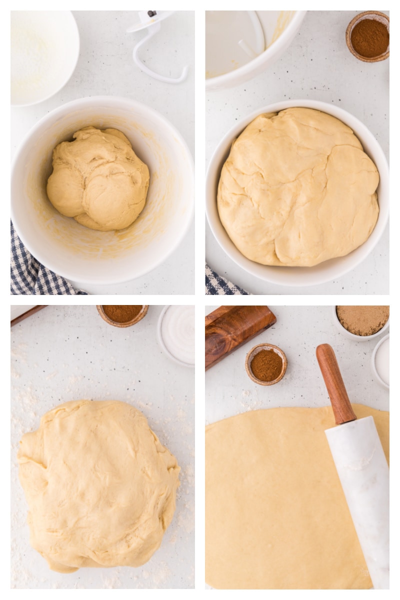 four photos showing dough rising and then rolled out