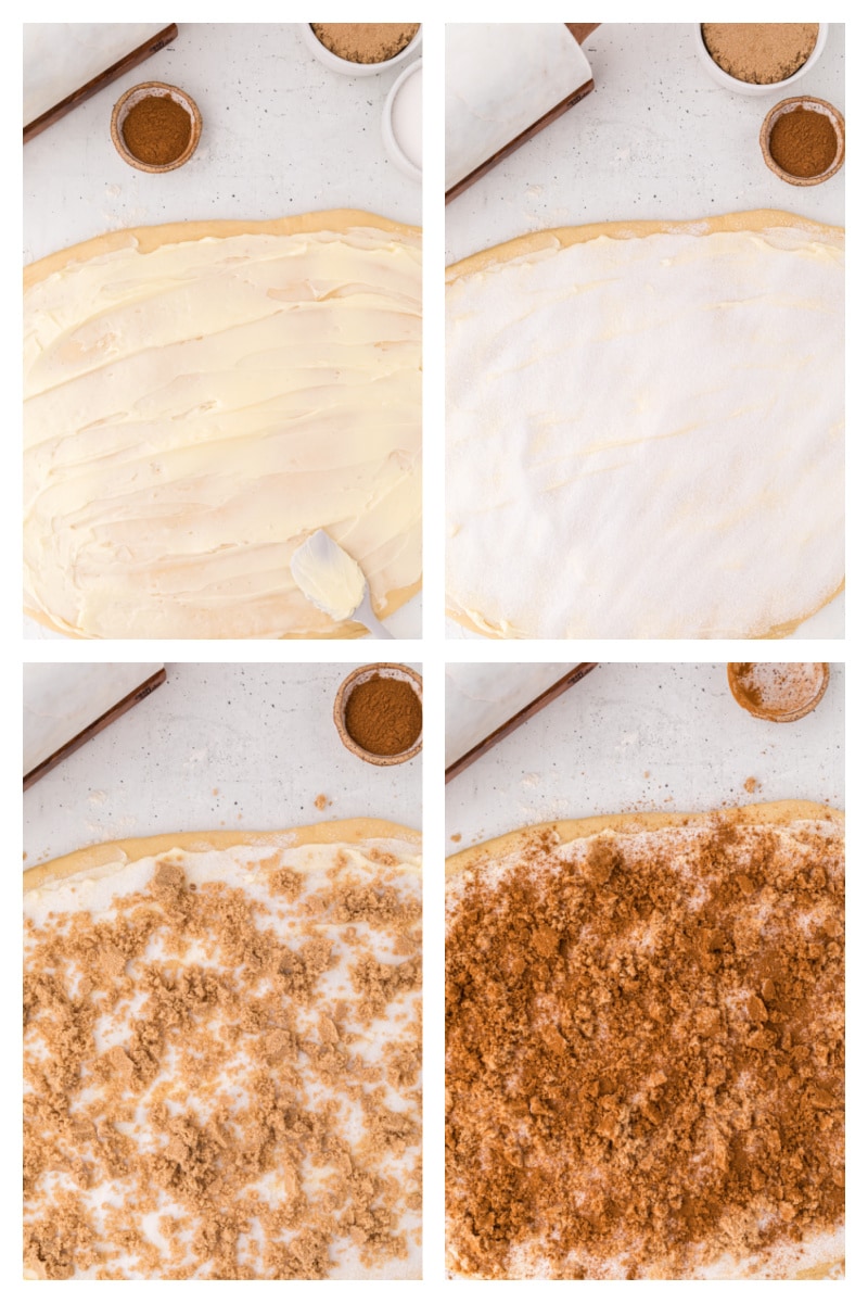 four photos showing what to add to cinnamon roll dough