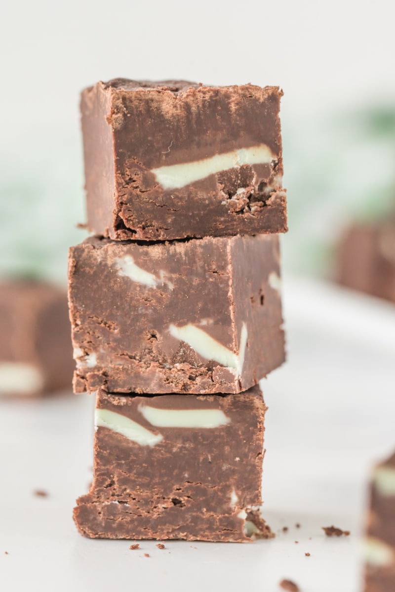 three pieces of mint fudge stacked