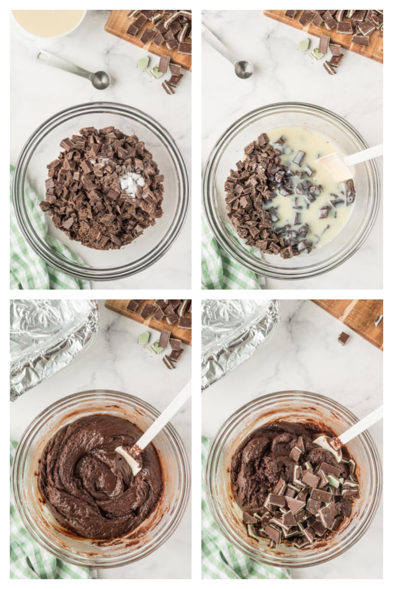 four photos showing process of making mint fudge in a glass bowl