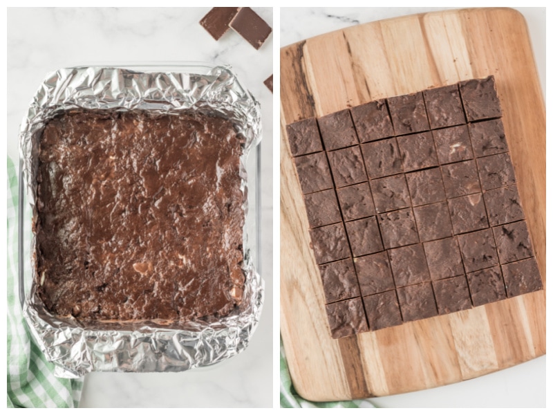 two photos showing fudge out of pan and then cut into pieces