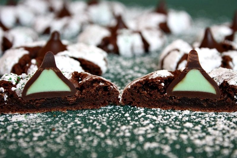 chocolate mint kiss crinkles cut open to see inside